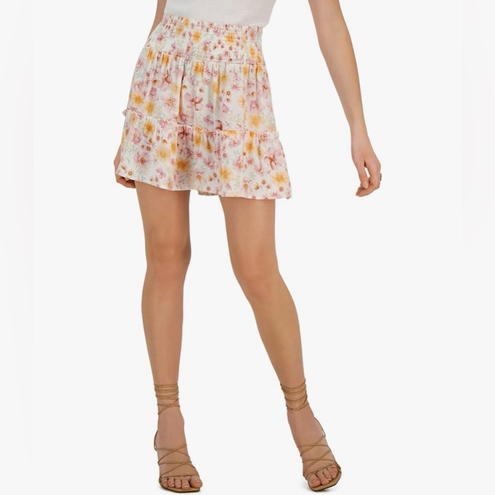 Hippie Rose Juniors' Printed Smocked-Waist Mini Skirt Ivory Lilac Floral M